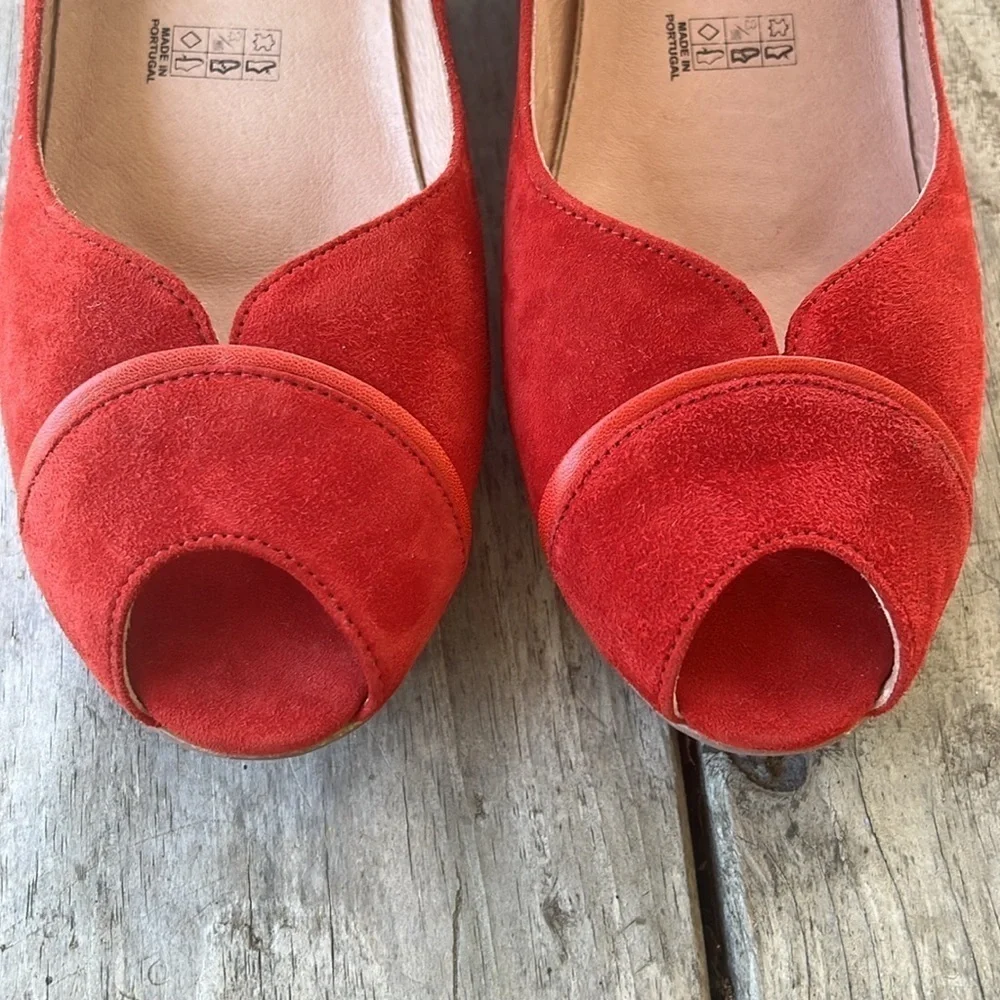 Softwaves Red Suede Mary Jane Wedges Vintage-Inspired Peep Toe Heels EU 39 (8.5)